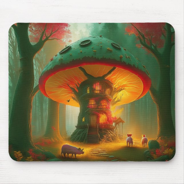 Fantasy Mushroom Tree House With Pigs Mouse Mat (Front)