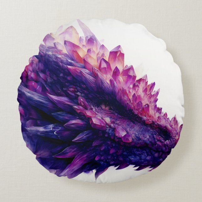 Fantasy Mystical Amethyst Crystal Dragon Beast Round Cushion (Front)