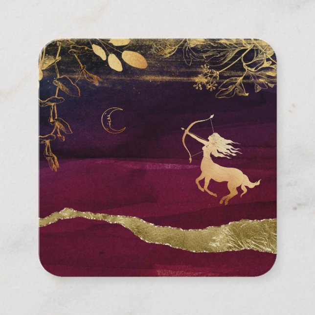 *~* Fantasy Mystical Archer Botanical  Cosmic Moon Square Business Card (Front)