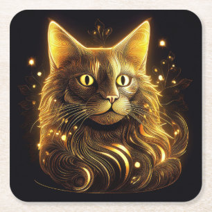Fantasy Neon Gold Cat Square Paper Coaster