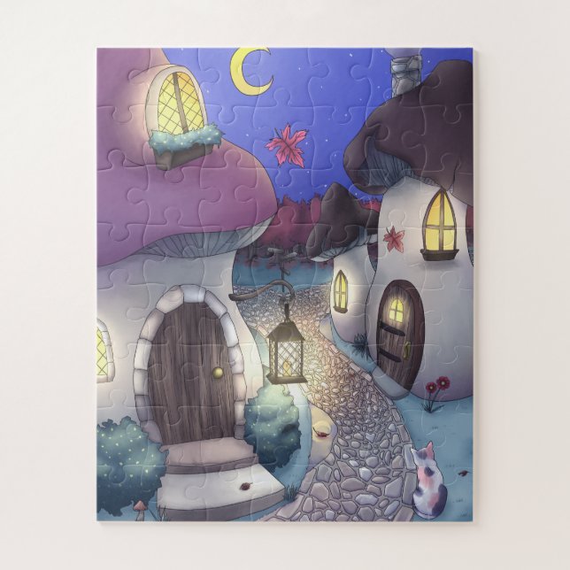 Fantasy Nighttime Mushroom Village Illustration Jigsaw Puzzle (Vertical)