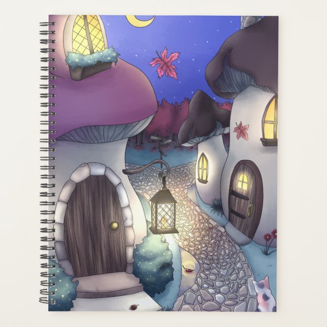 Fantasy Nighttime Mushroom Village Illustration Planner (Front)