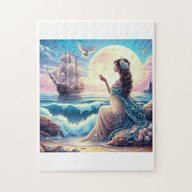 Fantasy of a beautiful girl sitting by the sea jigsaw puzzle (Vertical)