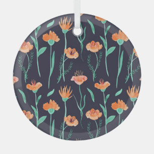 Fantasy Orange Flowers: Watercolor Dark Pattern. Glass Tree Decoration