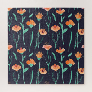 Fantasy Orange Flowers: Watercolor Dark Pattern. Jigsaw Puzzle