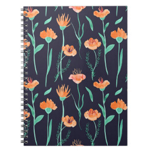 Fantasy Orange Flowers: Watercolor Dark Pattern. Notebook