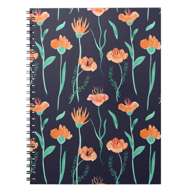 Fantasy Orange Flowers: Watercolor Dark Pattern. Notebook (Front)