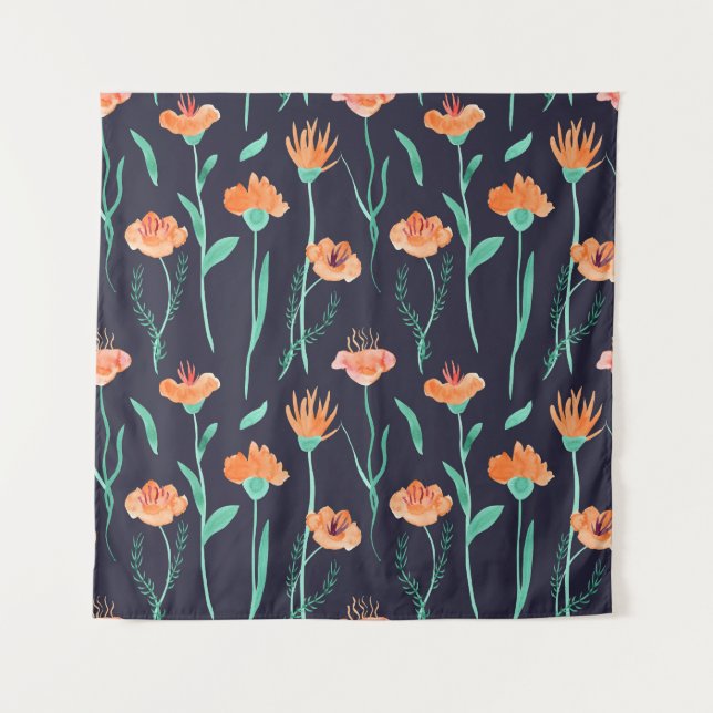 Fantasy Orange Flowers: Watercolor Dark Pattern. Tapestry (Front)