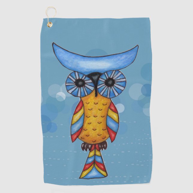 Fantasy Owl Big Round eyes Blue Head on Circles Golf Towel (Front)