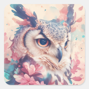 Fantasy Owl with Orange Eyes & Pink Floral Bouquet Square Sticker