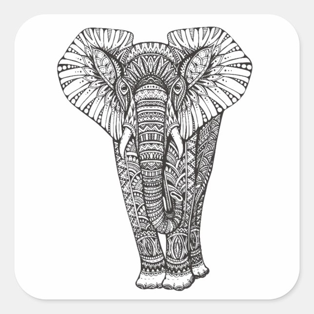Fantasy Patterned Elephant Doodle Square Sticker (Front)