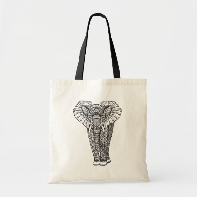 Fantasy Patterned Elephant Doodle Tote Bag (Front)