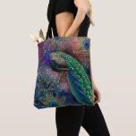 Fantasy Peacock Gold Glitter Feathers Script Name  Tote Bag<br><div class="desc">"Fantasy Peacock Gold Glitter Feathers Script Name All Over Pattern Tote Bag." Elegant and magical Peacock design in pink, purple, teal blue, sapphire and navy blue with green and gold glitter sparkle accents. Your name or message in script calligraphy with swirl flourishes. Graphically designed by internationally licensed artist, Audrey Jeanne...</div>