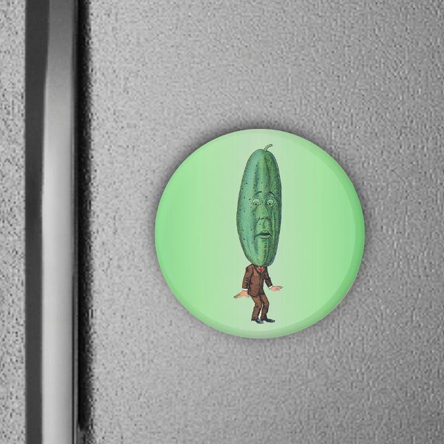 Fantasy Pickle Man Brown Suit Magnet (Fun big green pickle head man with face in brown suit on green round magnet.)