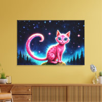 Fantasy pink cat in magic starry night forest