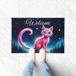 Fantasy pink cat in magic starry night forest doormat