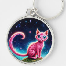 Fantasy pink cat in magic starry night forest
