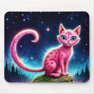 Fantasy pink cat in magic starry night forest mouse mat