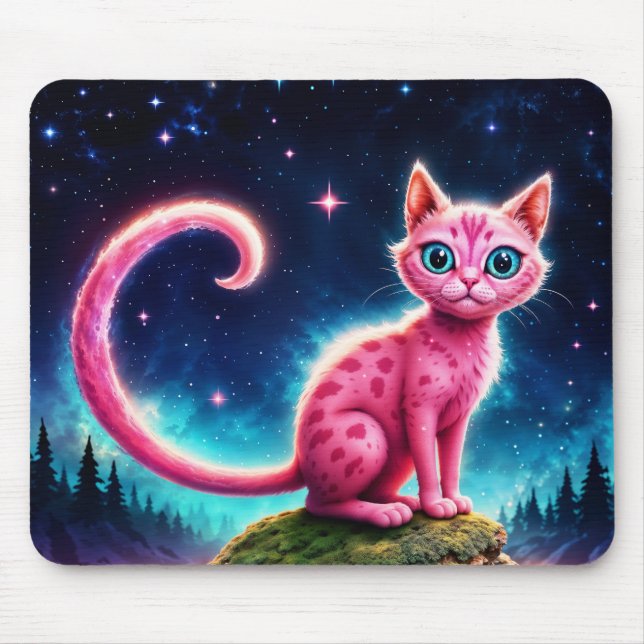 Fantasy pink cat in magic starry night forest mouse mat (Front)