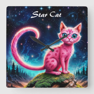 Fantasy pink cat in magic starry night forest square wall clock