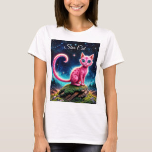 Fantasy pink cat in magic starry night forest T-Shirt
