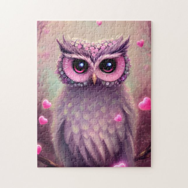 Fantasy Pink Fluffy Kawaii Owl  Jigsaw Puzzle (Vertical)