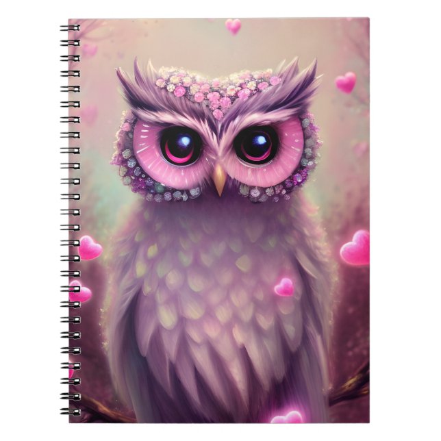 Fantasy Pink Fluffy Kawaii Owl Notebook (Front)