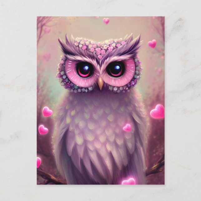Fantasy Pink Fluffy Kawaii Owl  Postcard (Front)