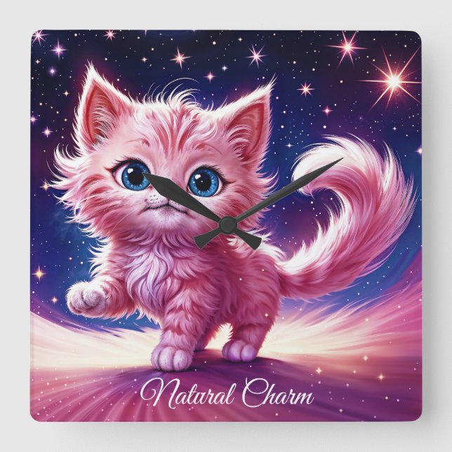Fantasy pink fluffy kitten bright blue eyes art square wall clock (Front)