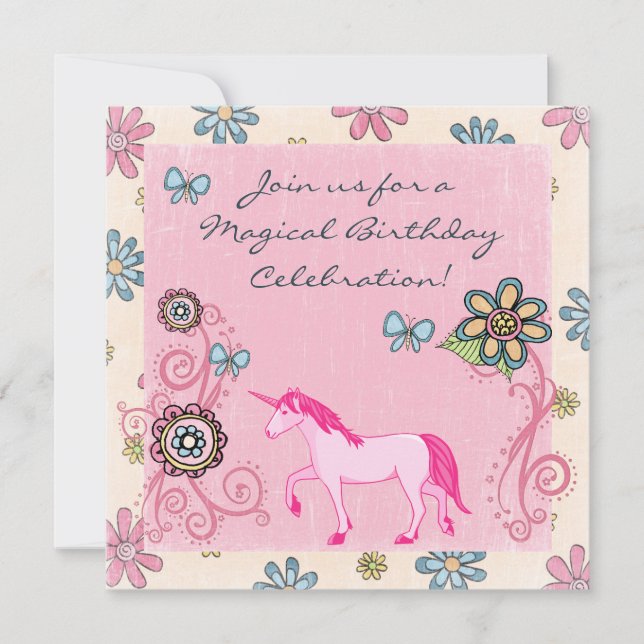 Fantasy Pink Unicorn and Flowers Birthday Invite (Front)