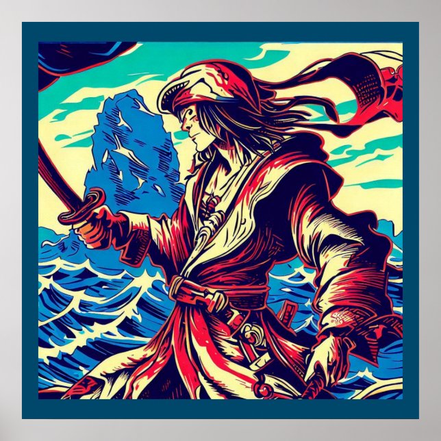 Fantasy Pirate Anime - Woodcut 2 Poster (Front)