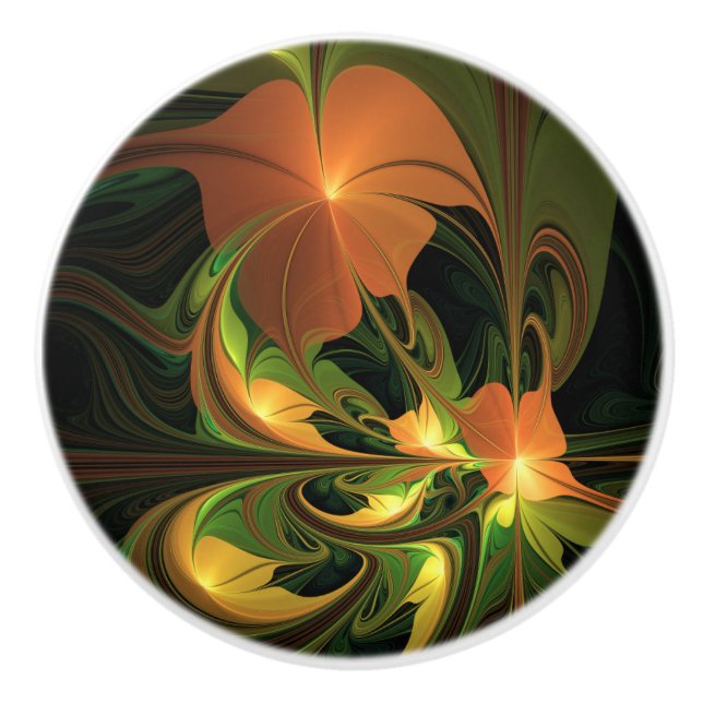 Fantasy Plant Abstract Green Rust Brown Fractal Ceramic Knob (Front)