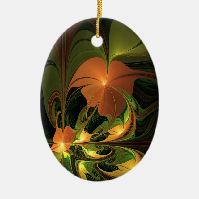 Fantasy Plant Abstract Green Rust Brown Fractal Ceramic Tree Decoration (Front)