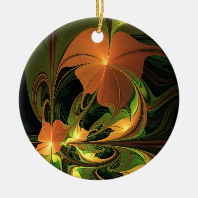 Fantasy Plant Abstract Green Rust Brown Fractal Ceramic Tree Decoration (Front)