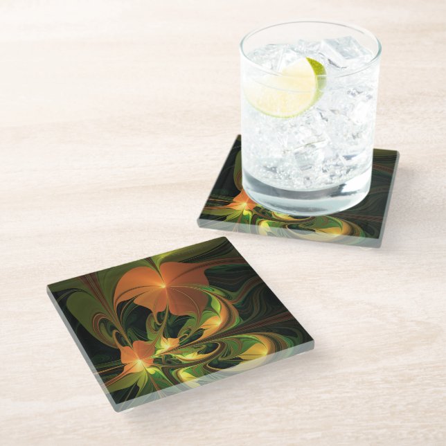 Fantasy Plant Abstract Green Rust Brown Fractal Glass Coaster (Angled)