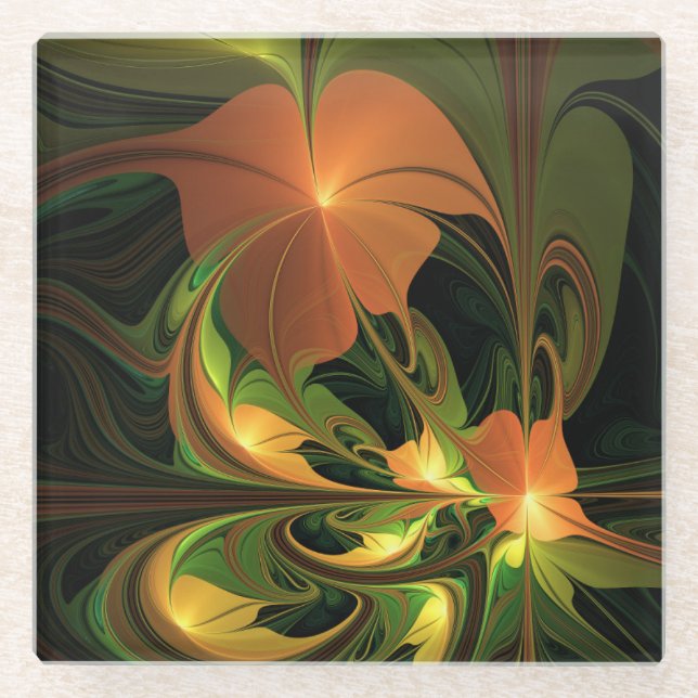 Fantasy Plant Abstract Green Rust Brown Fractal Glass Coaster (Front)