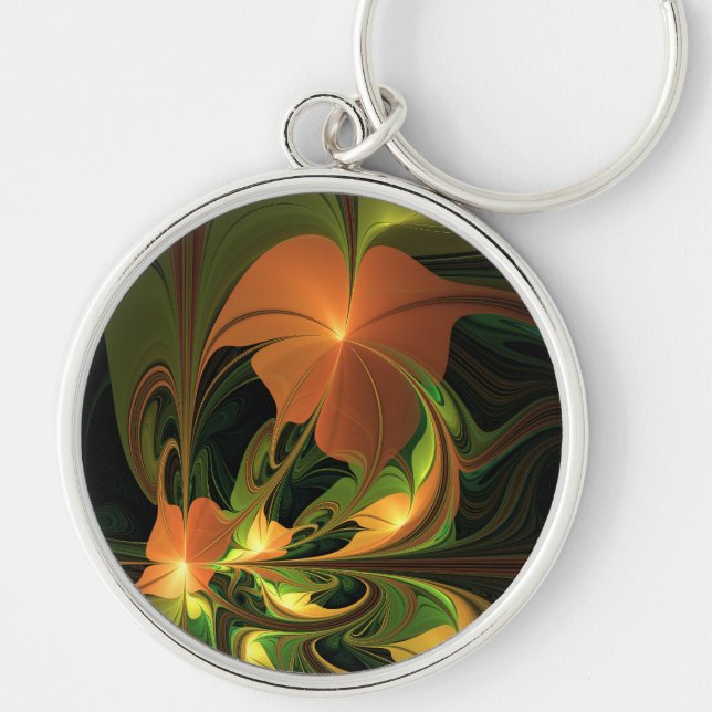 Fantasy Plant Abstract Green Rust Brown Fractal Key Ring (Front)