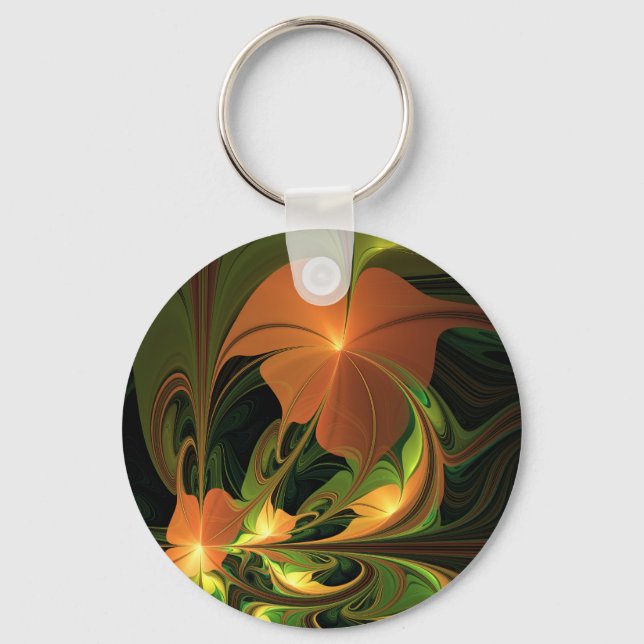 Fantasy Plant Abstract Green Rust Brown Fractal Key Ring (Front)