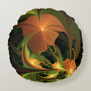 Fantasy Plant Abstract Green Rust Brown Fractal Round Cushion