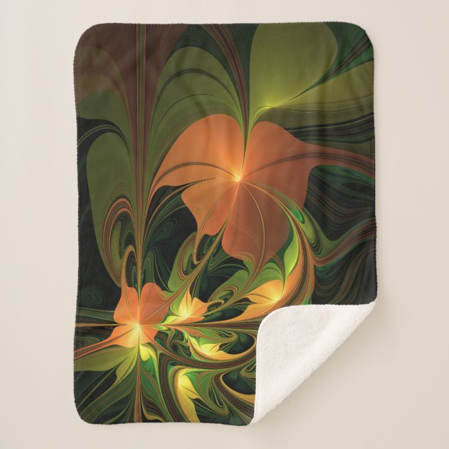 Fantasy Plant Abstract Green Rust Brown Fractal Sherpa Blanket (Front)