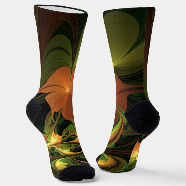 Fantasy Plant Abstract Green Rust Brown Fractal Socks (Angled)