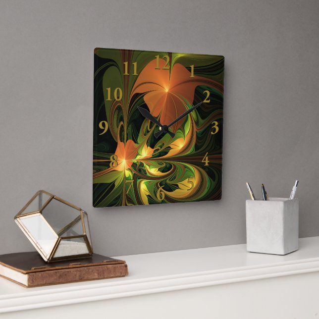 Fantasy Plant Abstract Green Rust Brown Fractal Square Wall Clock (Office)