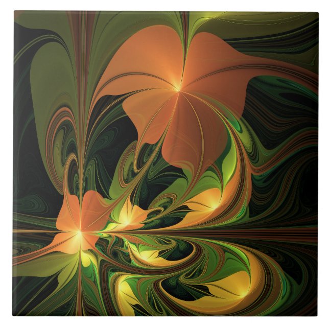 Fantasy Plant Abstract Green Rust Brown Fractal Tile (Front)