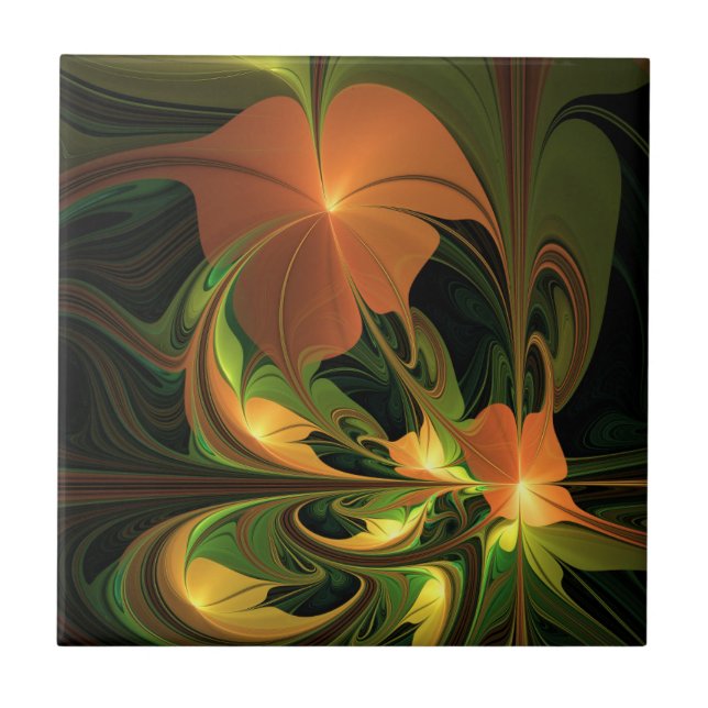 Fantasy Plant Abstract Green Rust Brown Fractal Tile (Front)