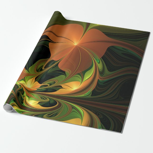 Fantasy Plant Abstract Green Rust Brown Fractal Wrapping Paper (Unrolled)