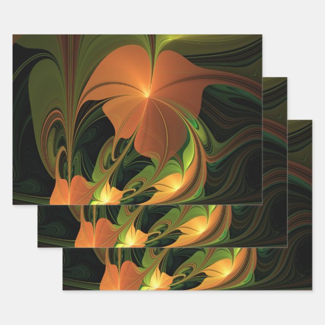 Fantasy Plant Abstract Green Rust Brown Fractal Wrapping Paper Sheet (Set)