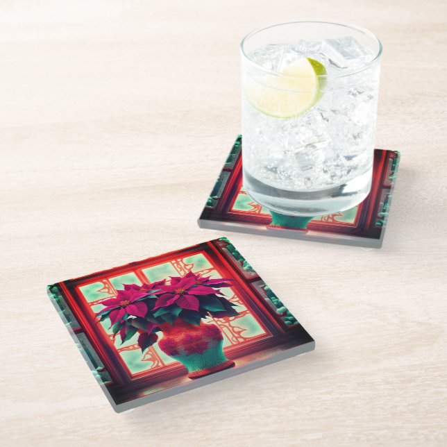 Fantasy Poinsettias  Glass Coaster (Angled)
