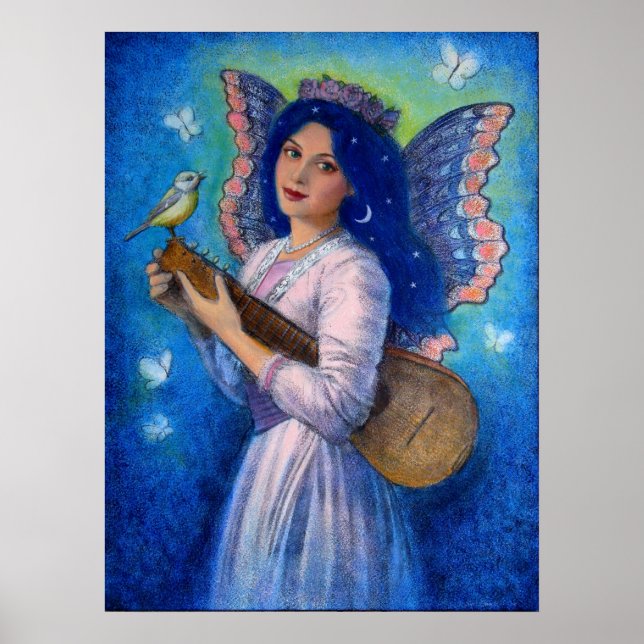 Fantasy Posters, Music Bird Fairy, Blue Hair Lady Poster (Front)