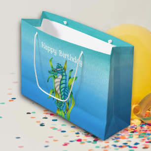Fantasy Pretty Aqua Blue Seahorse Seaweed Birthday Large Gift Bag
