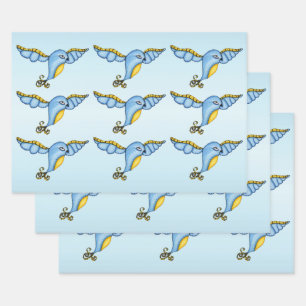 Fantasy Pretty Flying Bluebird Yellow Scroll Tail Wrapping Paper Sheet